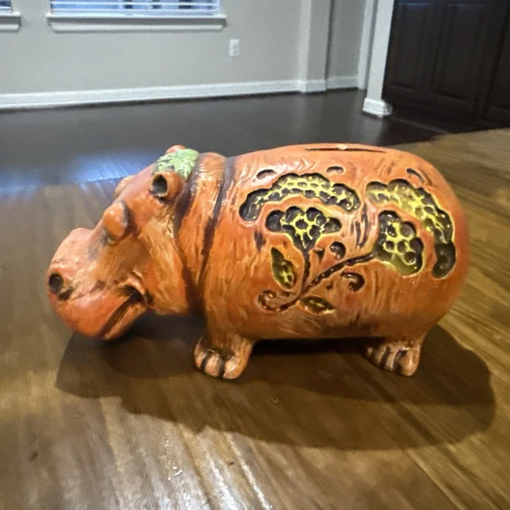 Vintage 70's Kitschy Boho Orange Floral Ceramic Bank Hippopotamus House Hippo